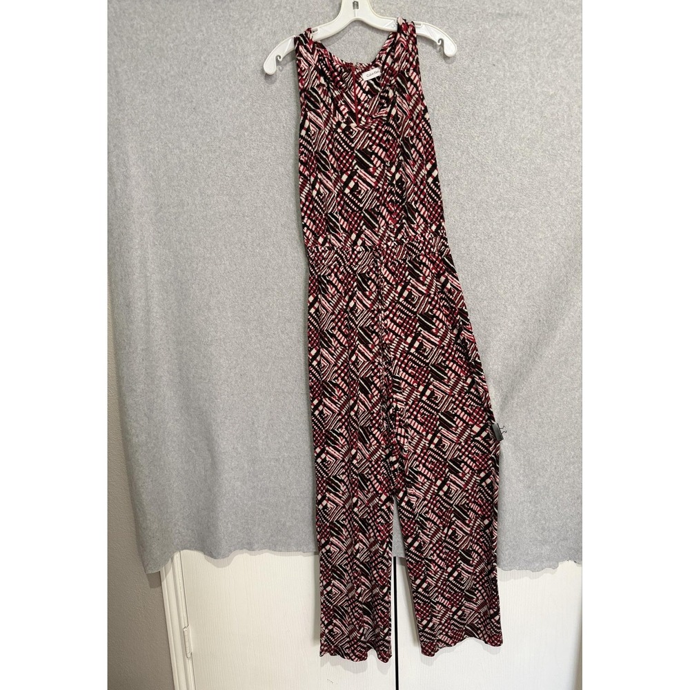 Calvin Klein Jumpsuit Womens 8 Red Geometric Jersey Sleeveless Belted Zip Back